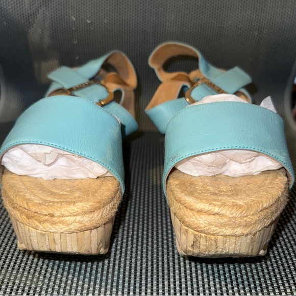 John Fluevog Mountain Rushmore Sandals Buckle Clogs Aqua Blue Leather Shoes - Picture 2 of 10